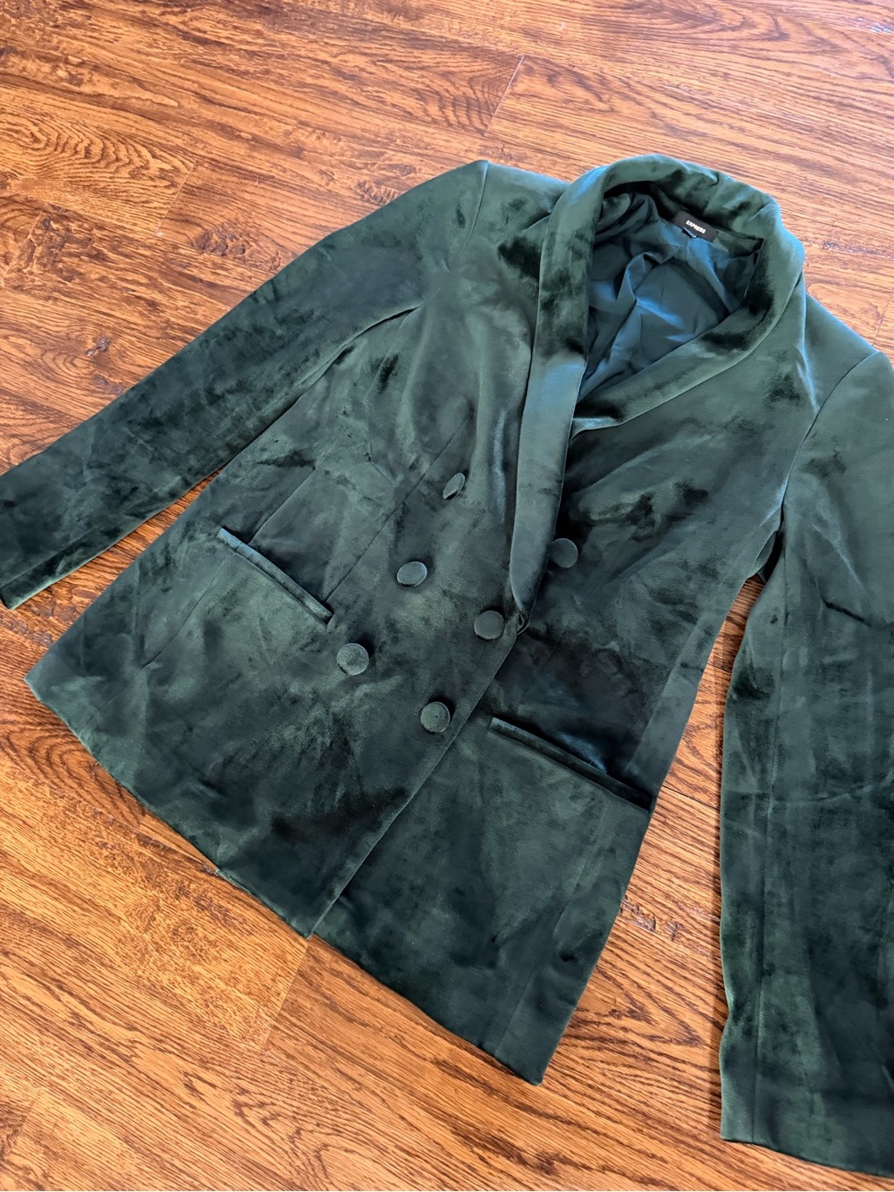 🔥 Express Runway Showstopper! Emerald Green Velvet Double-Breasted Blazer Jacket - Picture 4 of 4